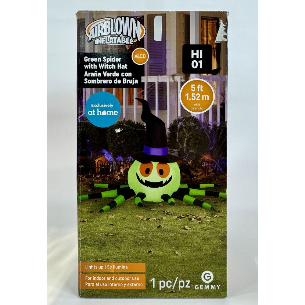 Gemmy Airblown 5' Green Spider Witch Hat Halloween Inflatable LED At Home NIB